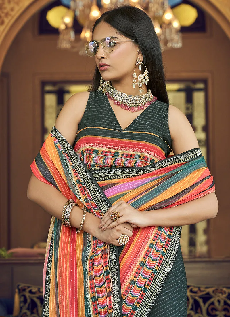 Deep Grey Sequence Printed Georgette Saree