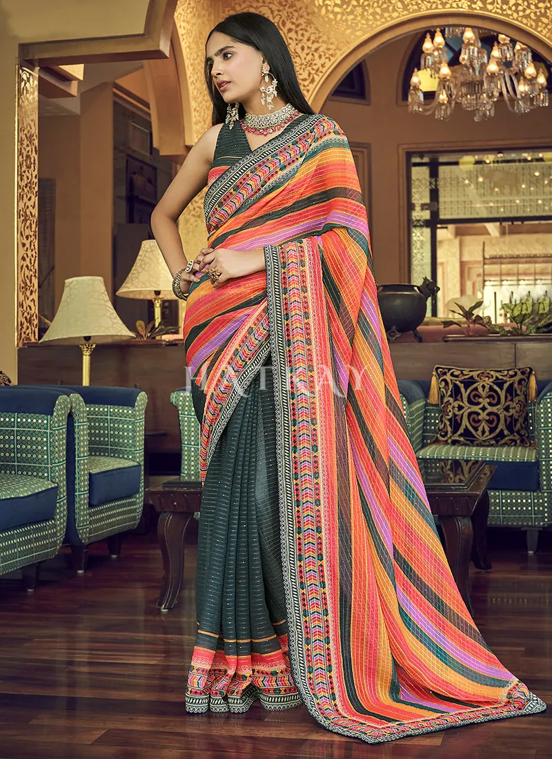 Deep Grey Sequence Printed Georgette Saree