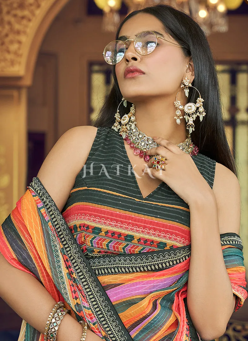 Deep Grey Sequence Printed Georgette Saree