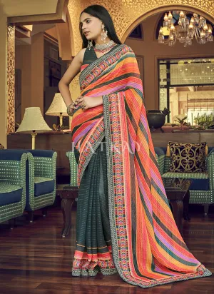 Deep Grey Sequence Printed Georgette Saree