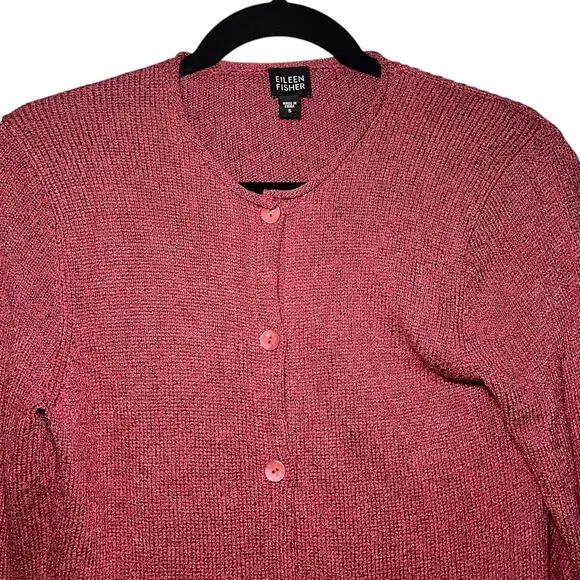 Eileen Fisher Silk Blend Cardigan Sweater Red Knit Button Front Pocket Size S
