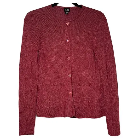 Eileen Fisher Silk Blend Cardigan Sweater Red Knit Button Front Pocket Size S