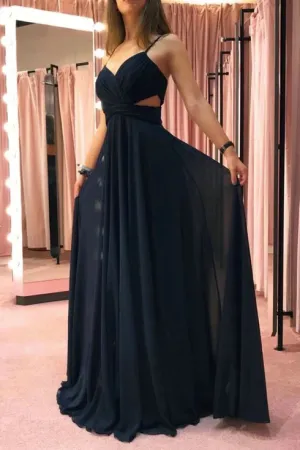 Elegant A Line V Neck Spaghetti Straps Sleeveless Long Black Chiffon Prom Dress Party Dress OHC356