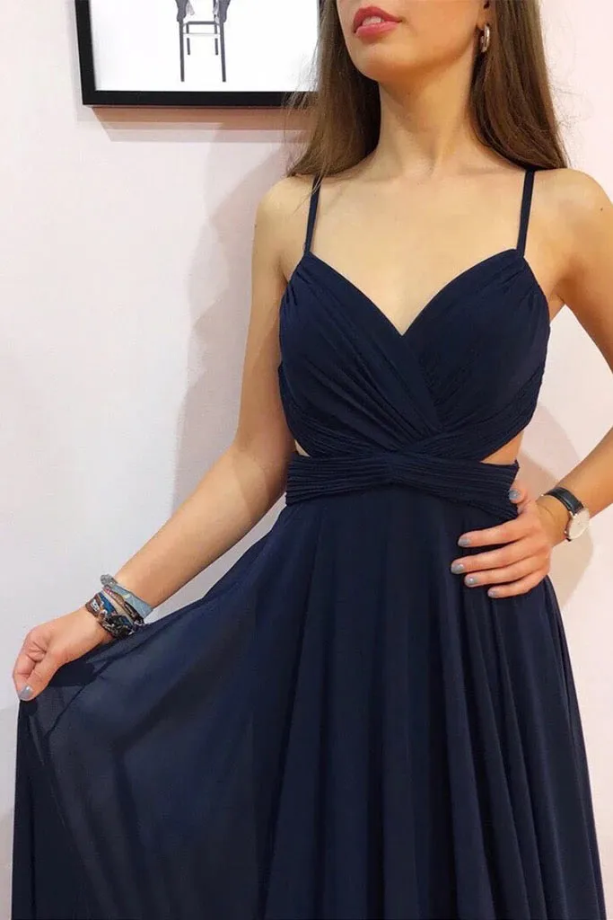 Elegant A Line V Neck Spaghetti Straps Sleeveless Long Black Chiffon Prom Dress Party Dress OHC356