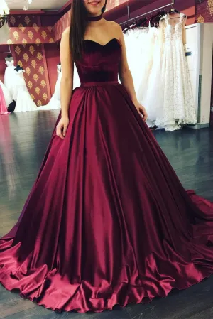Elegant Ball Gown Sweetheart Sweep Train Sleeveless Long Burgundy Satin Prom Dresses OHC264