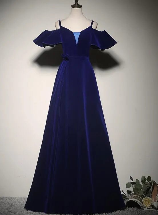 Elegant Blue Velvet Straps Long Party Dress, Long Evening Party Dress