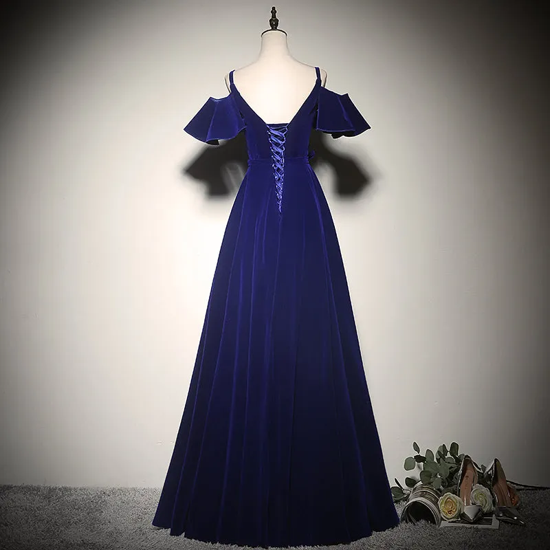 Elegant Blue Velvet Straps Long Party Dress, Long Evening Party Dress