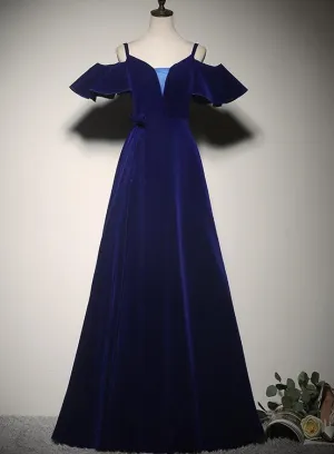 Elegant Blue Velvet Straps Long Party Dress, Long Evening Party Dress