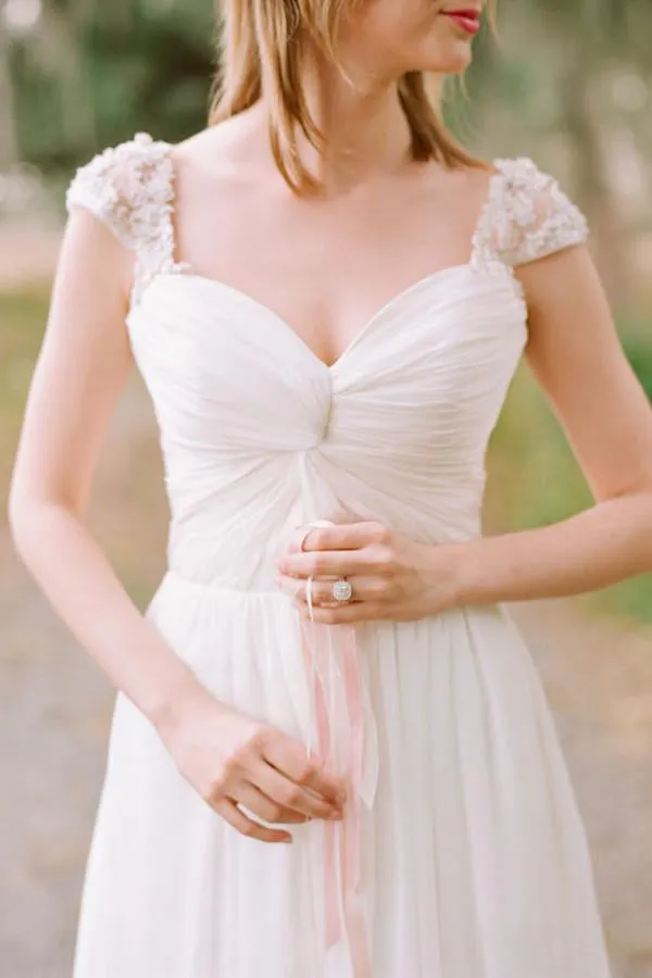 Elegant Cap Sleeve Long Chiffon Sweetheart Pleat Beach Wedding Dresses OK530