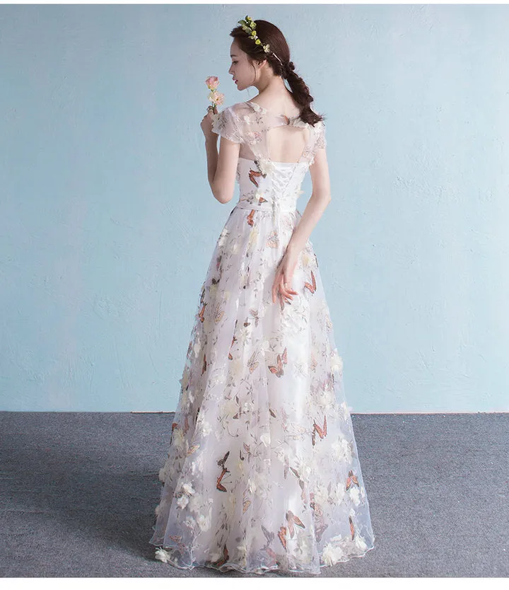 Elegant Flowers Tulle Cap Sleeves Prom Dres, A-line Long Prom Dress