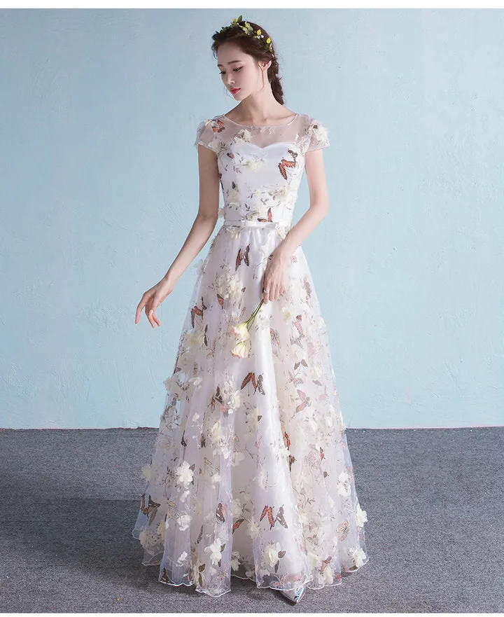 Elegant Flowers Tulle Cap Sleeves Prom Dres, A-line Long Prom Dress