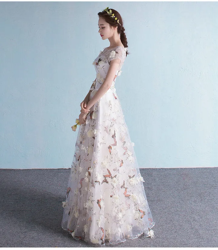 Elegant Flowers Tulle Cap Sleeves Prom Dres, A-line Long Prom Dress
