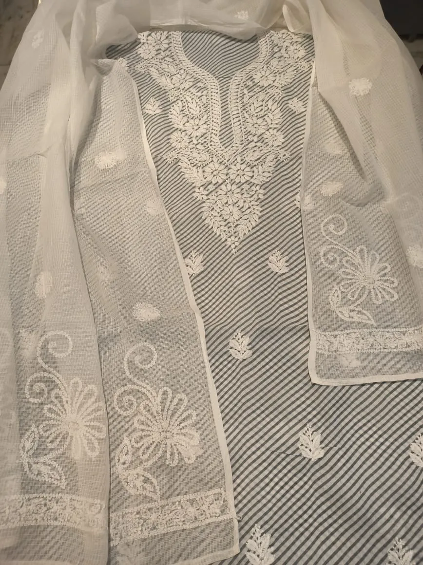 Elegant Grey Lucknowi Chikankari Cotton Salwar Suit Unstitched Material