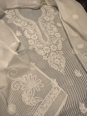 Elegant Grey Lucknowi Chikankari Cotton Salwar Suit Unstitched Material