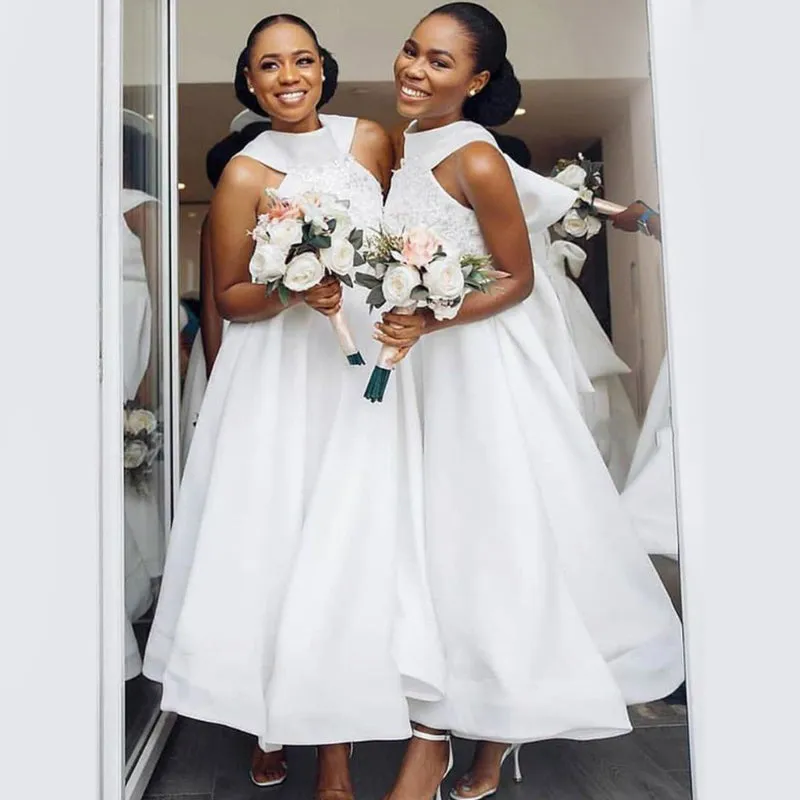 Elegant Ivory Grecian Lace Top A-line Tea-length Bow Tie Bridesmaid dresses, WG759