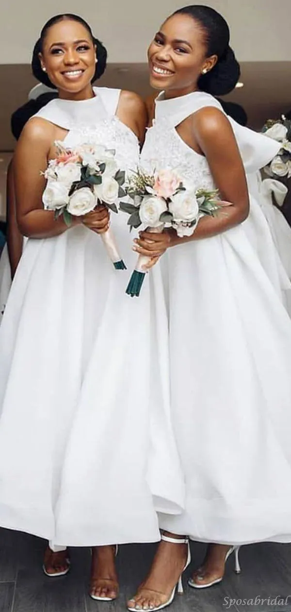 Elegant Ivory Grecian Lace Top A-line Tea-length Bow Tie Bridesmaid dresses, WG759