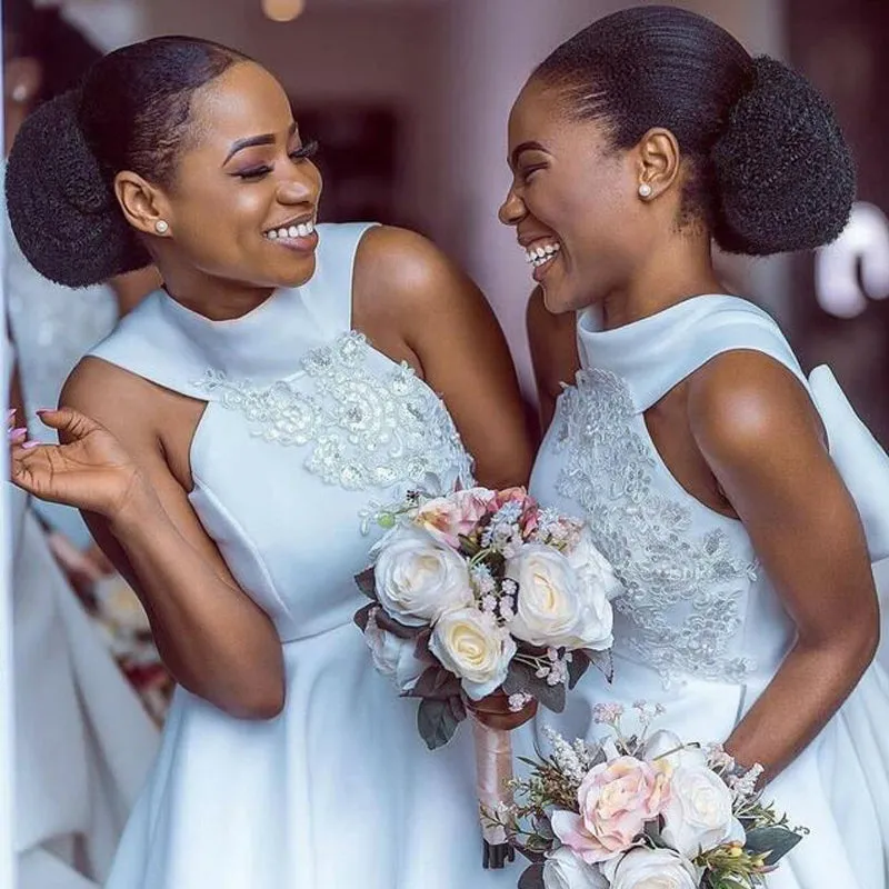 Elegant Ivory Grecian Lace Top A-line Tea-length Bow Tie Bridesmaid dresses, WG759