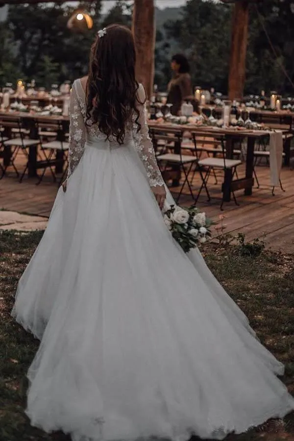 Elegant Long Sleeves Tulle Wedding Dresses Bridal Gowns With Lace Applique  WD385