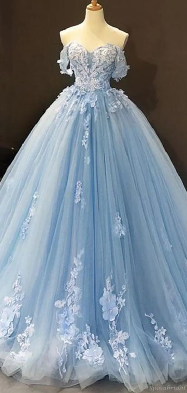 Elegant Pale Blue Off-shoulder Sweetheart Lace A-line Long Prom Dress, Ball Gown, PD3165