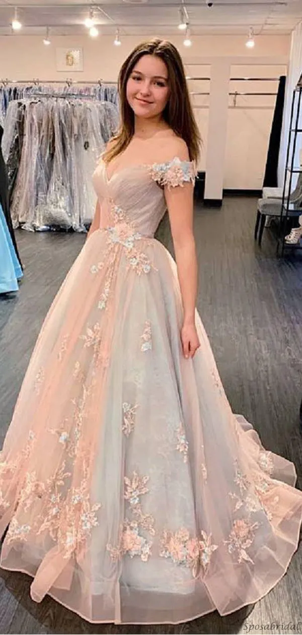 Elegant Pink Blue Off-shoulder Floral A-line Long Prom Dress, PD3201