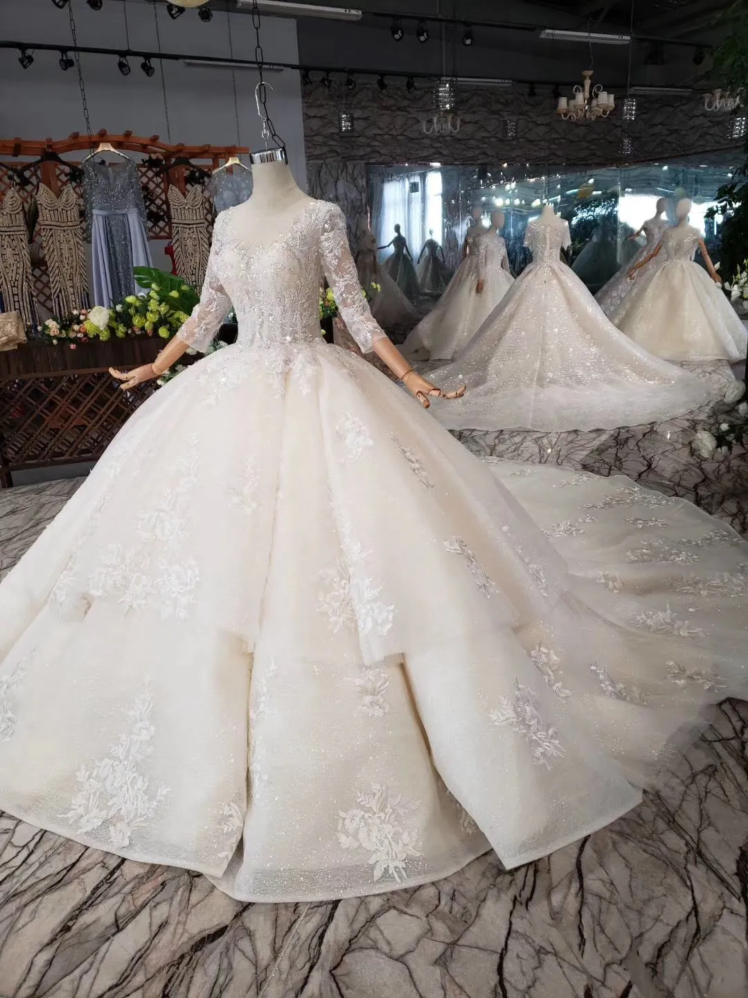 Elegant Scoop Ball Gown Wedding Dress, 3/4 Sleeves Wedding Gown OKJ97