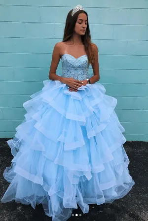 Elegant Sweetheart Neck Blue Tulle Multi-layered Long Beaded Ball Gown Formal Prom Dress OHC380