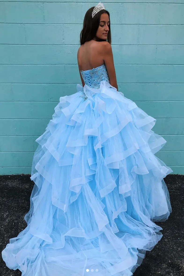 Elegant Sweetheart Neck Blue Tulle Multi-layered Long Beaded Ball Gown Formal Prom Dress OHC380