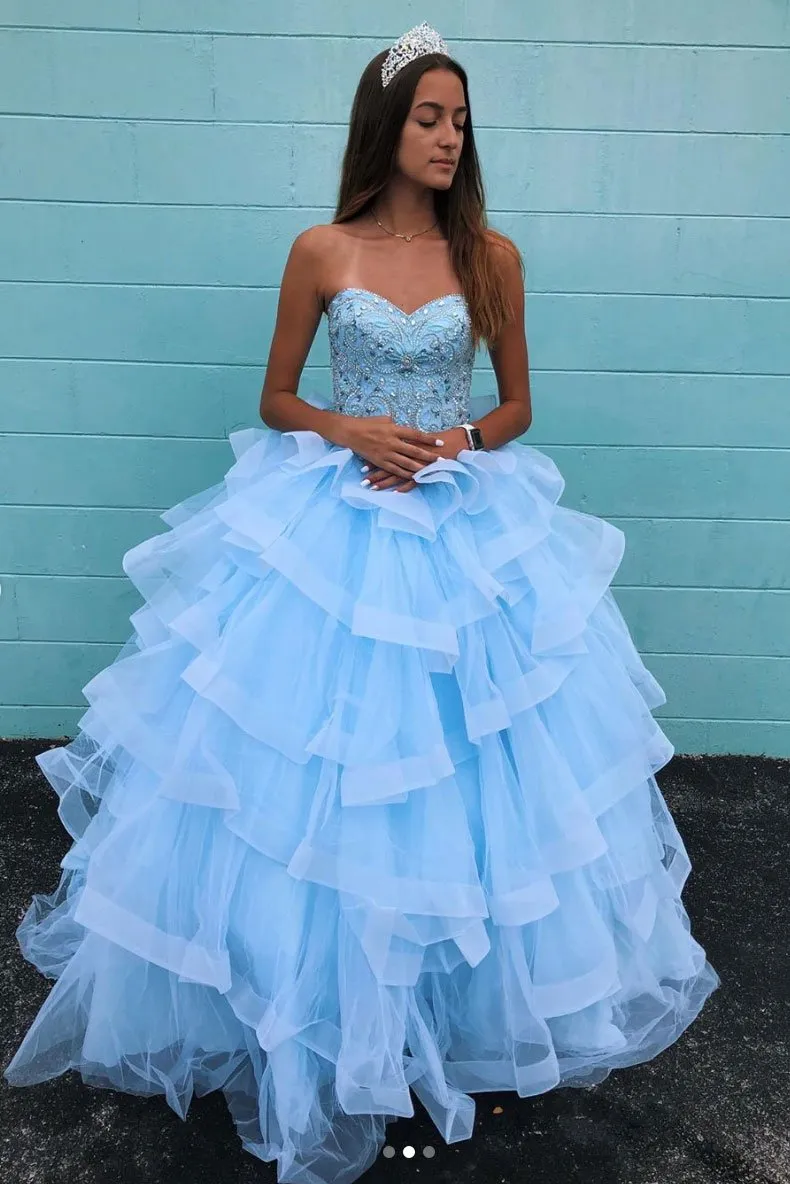 Elegant Sweetheart Neck Blue Tulle Multi-layered Long Beaded Ball Gown Formal Prom Dress OHC380