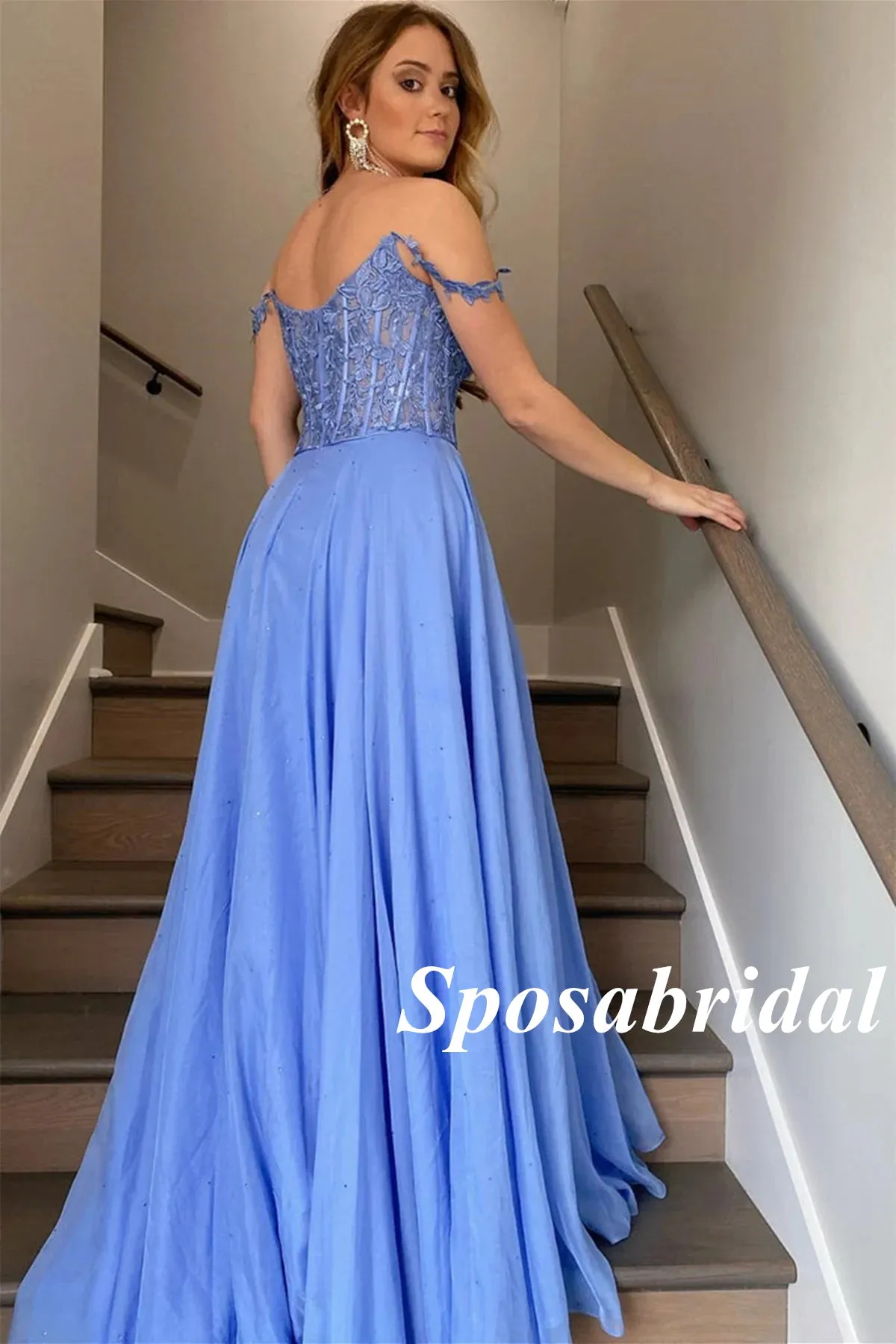 Elegant Tulle And Lace Beading Off Shoulder Sleeveless Side Slit A-Line Long Prom Dresses, PD3749