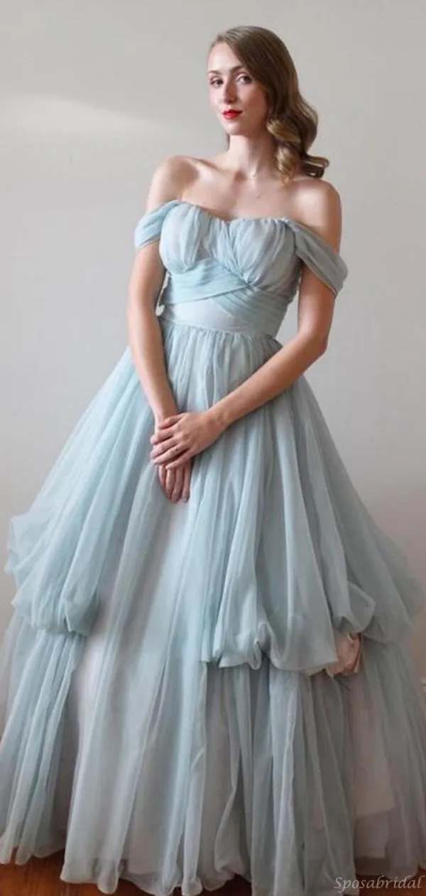 Elegant Vintage Off-shouler A-line Baby blue Tulle Long Prom Dress, PD3082