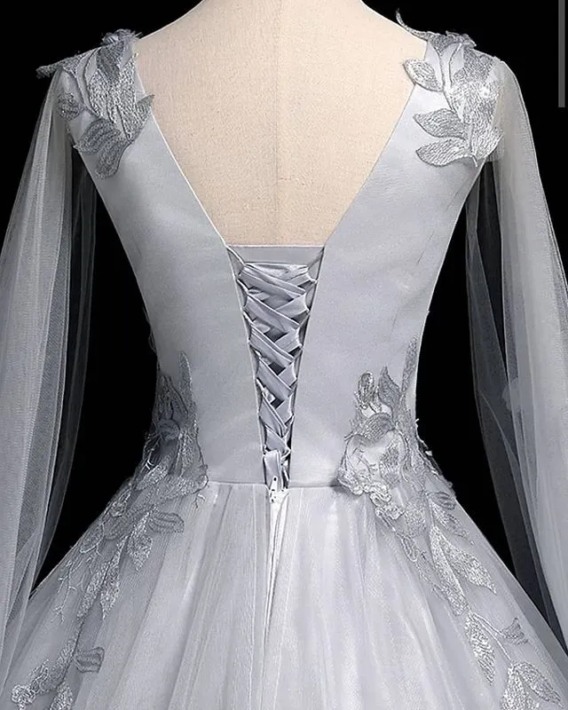 Elegant Vintage V-neck A-line Long Sleeve Tulle Lace Wedding Dress, WD3002
