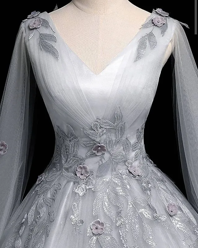Elegant Vintage V-neck A-line Long Sleeve Tulle Lace Wedding Dress, WD3002