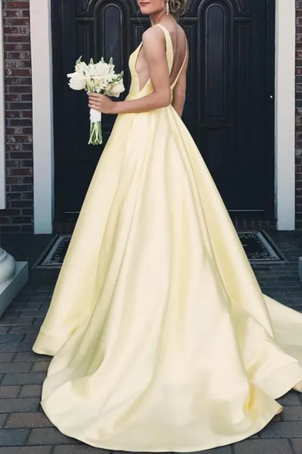 Elegant Yellow V Neck Sleeveless Party Gown Long Prom Dresses APP0797