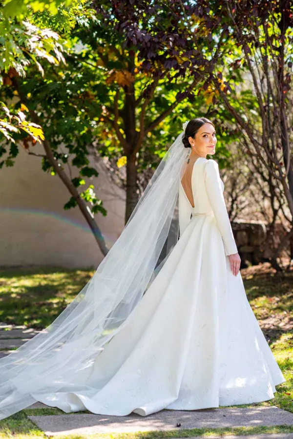 Embroidery A Line Ivory Satin Modest Long Sleeves Wedding Dresses APW0419