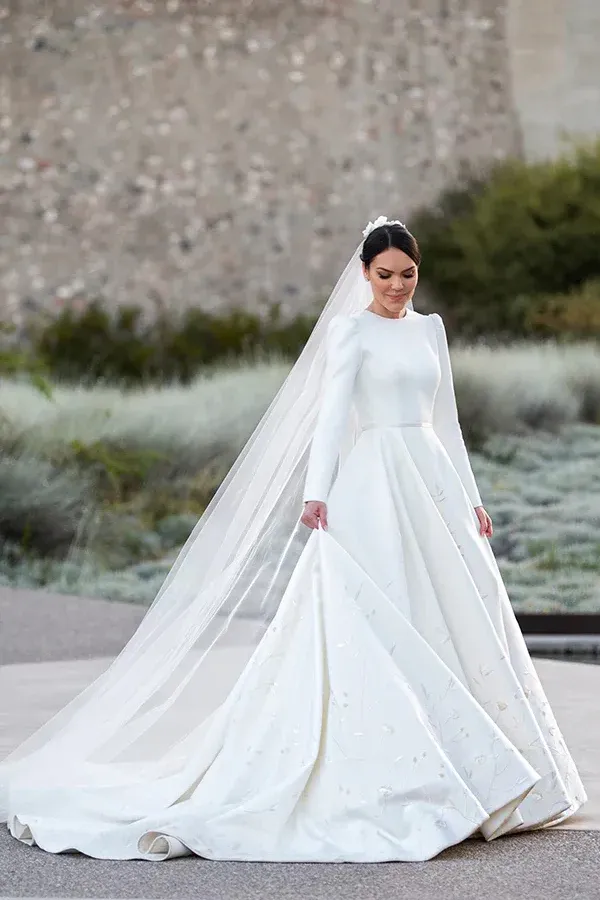 Embroidery A Line Ivory Satin Modest Long Sleeves Wedding Dresses APW0419
