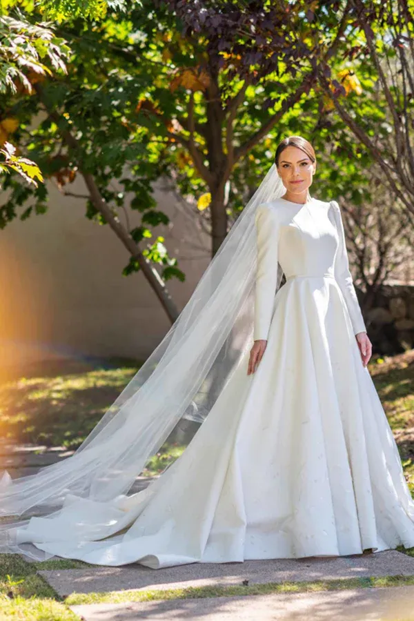 Embroidery A Line Ivory Satin Modest Long Sleeves Wedding Dresses APW0419