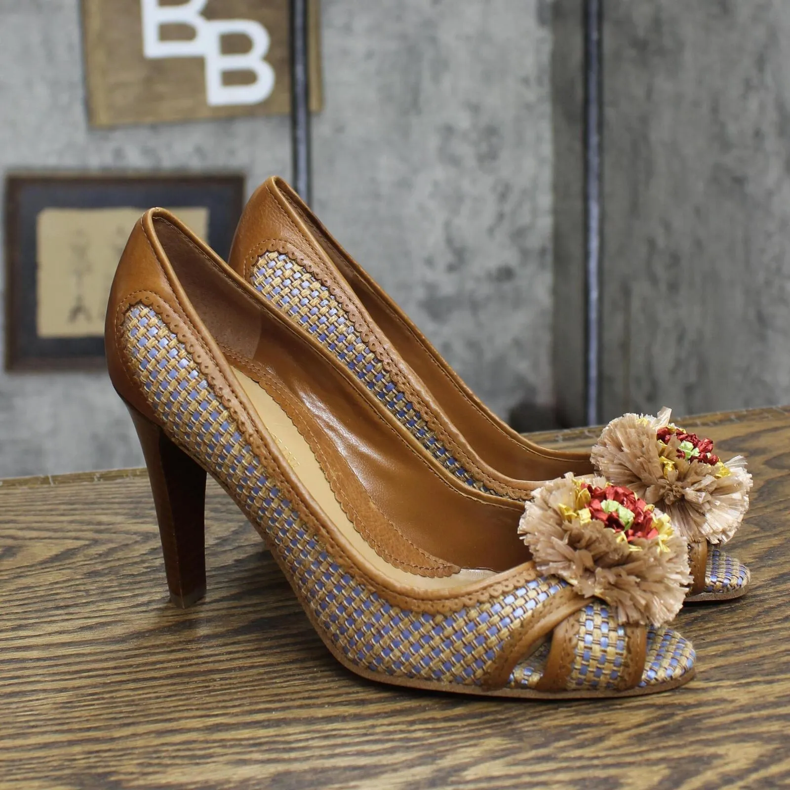 Enzo Angiolini Womens Vintage Cross Weave Paper Stiletto Heels Brown Multi 6.5M