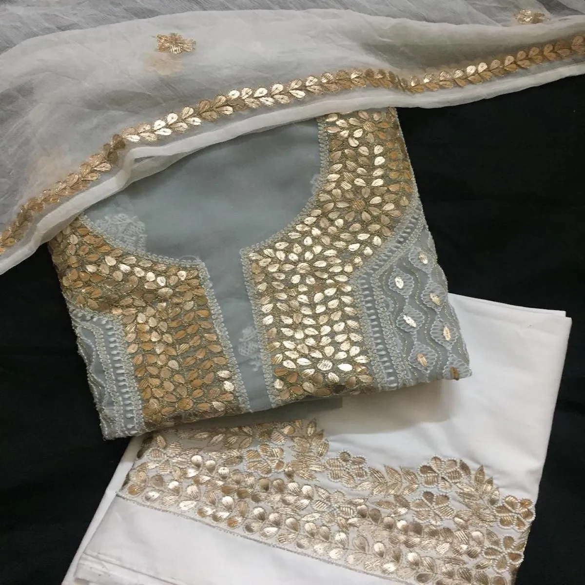 Fancy Steel Grey Chikankari Gota Patti Salwar Kameez Set unstitched