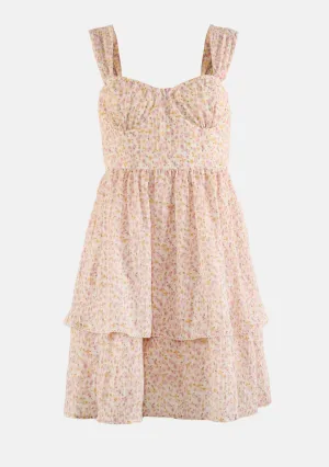 Floral Corset Detail Ruffle Lace Trim Mini Dress