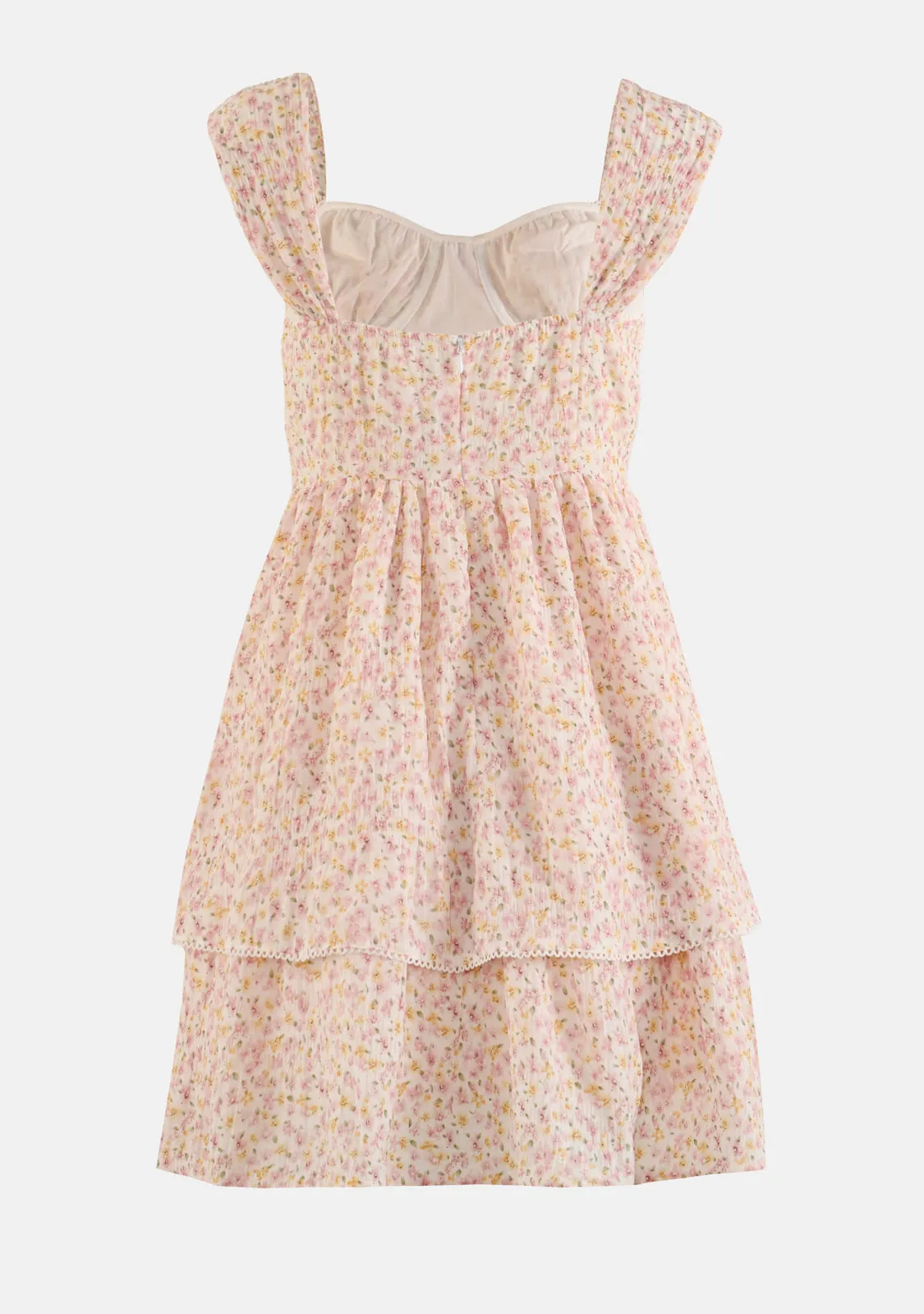 Floral Corset Detail Ruffle Lace Trim Mini Dress