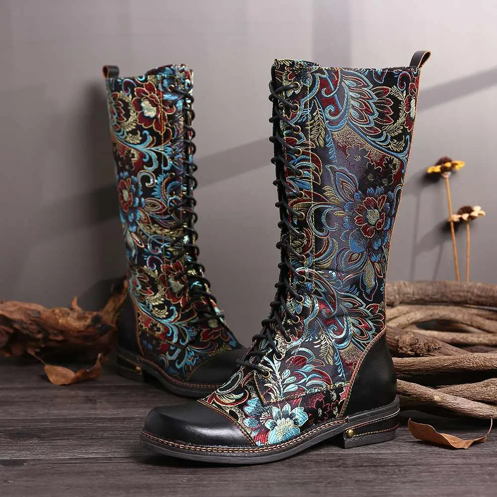 Flowers Pattern Colorful Stitching Elegant Zipper Lace Up Flat Mid Calf Boots Elegant Shoes Women Shoes Botas  Mujer