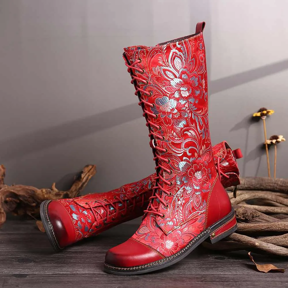 Flowers Pattern Colorful Stitching Elegant Zipper Lace Up Flat Mid Calf Boots Elegant Shoes Women Shoes Botas  Mujer