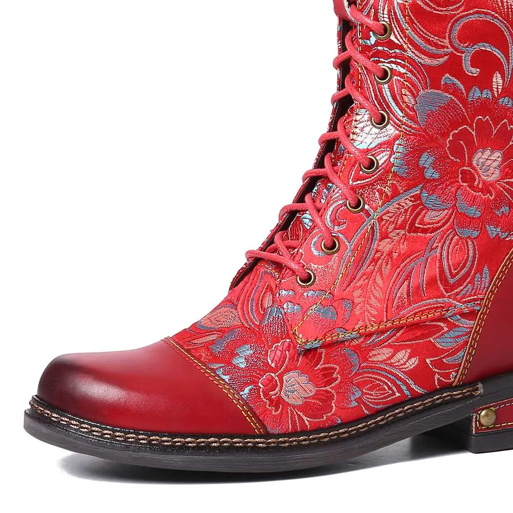 Flowers Pattern Colorful Stitching Elegant Zipper Lace Up Flat Mid Calf Boots Elegant Shoes Women Shoes Botas  Mujer