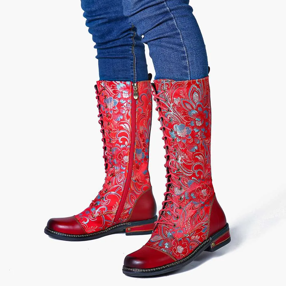 Flowers Pattern Colorful Stitching Elegant Zipper Lace Up Flat Mid Calf Boots Elegant Shoes Women Shoes Botas  Mujer