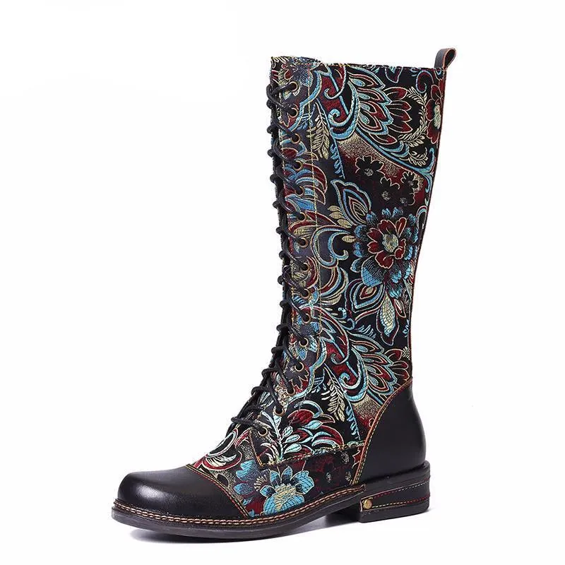 Flowers Pattern Colorful Stitching Elegant Zipper Lace Up Flat Mid Calf Boots Elegant Shoes Women Shoes Botas  Mujer