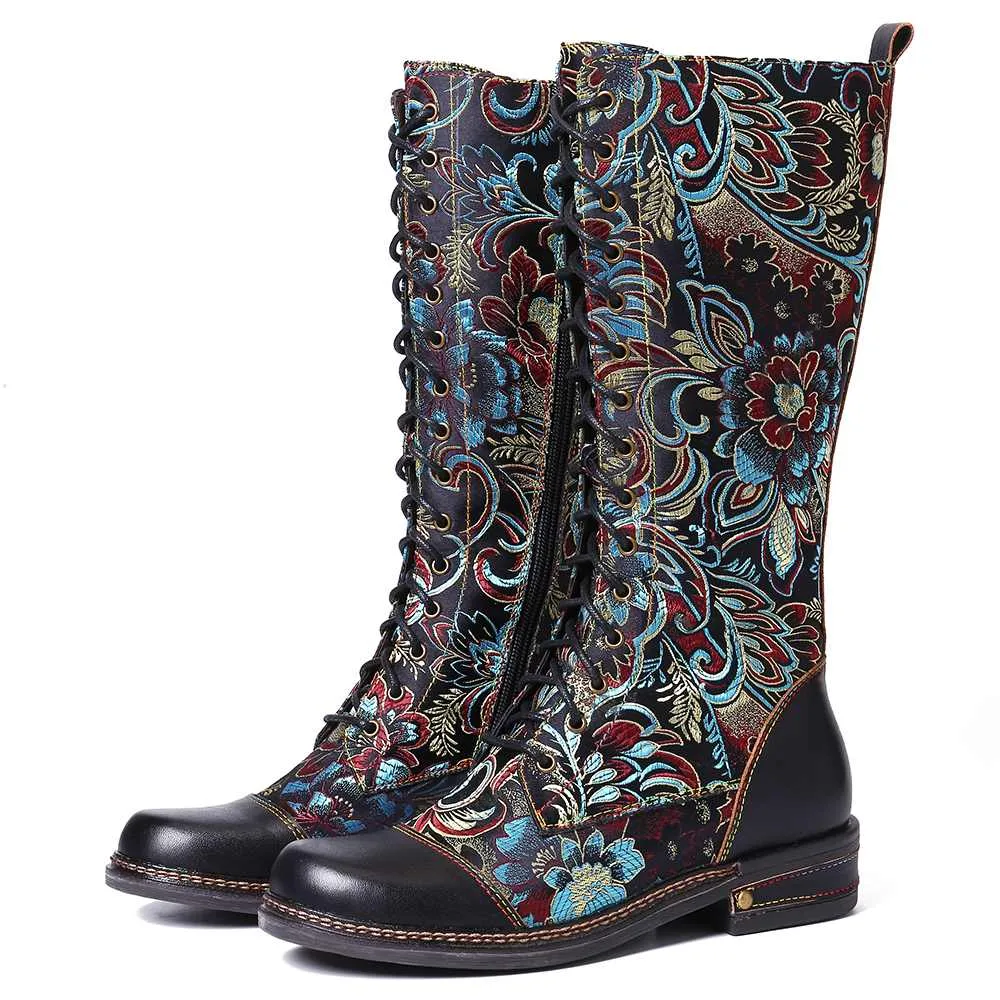 Flowers Pattern Colorful Stitching Elegant Zipper Lace Up Flat Mid Calf Boots Elegant Shoes Women Shoes Botas  Mujer