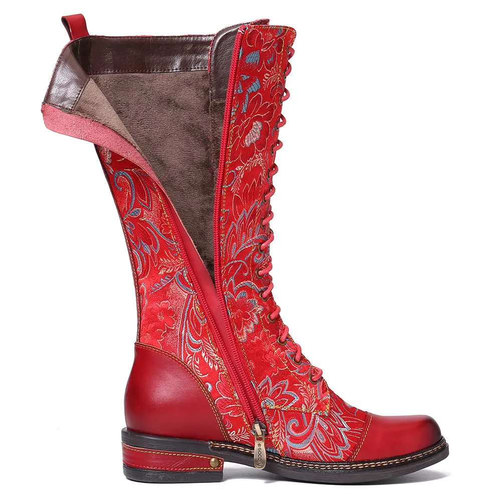 Flowers Pattern Colorful Stitching Elegant Zipper Lace Up Flat Mid Calf Boots Elegant Shoes Women Shoes Botas  Mujer