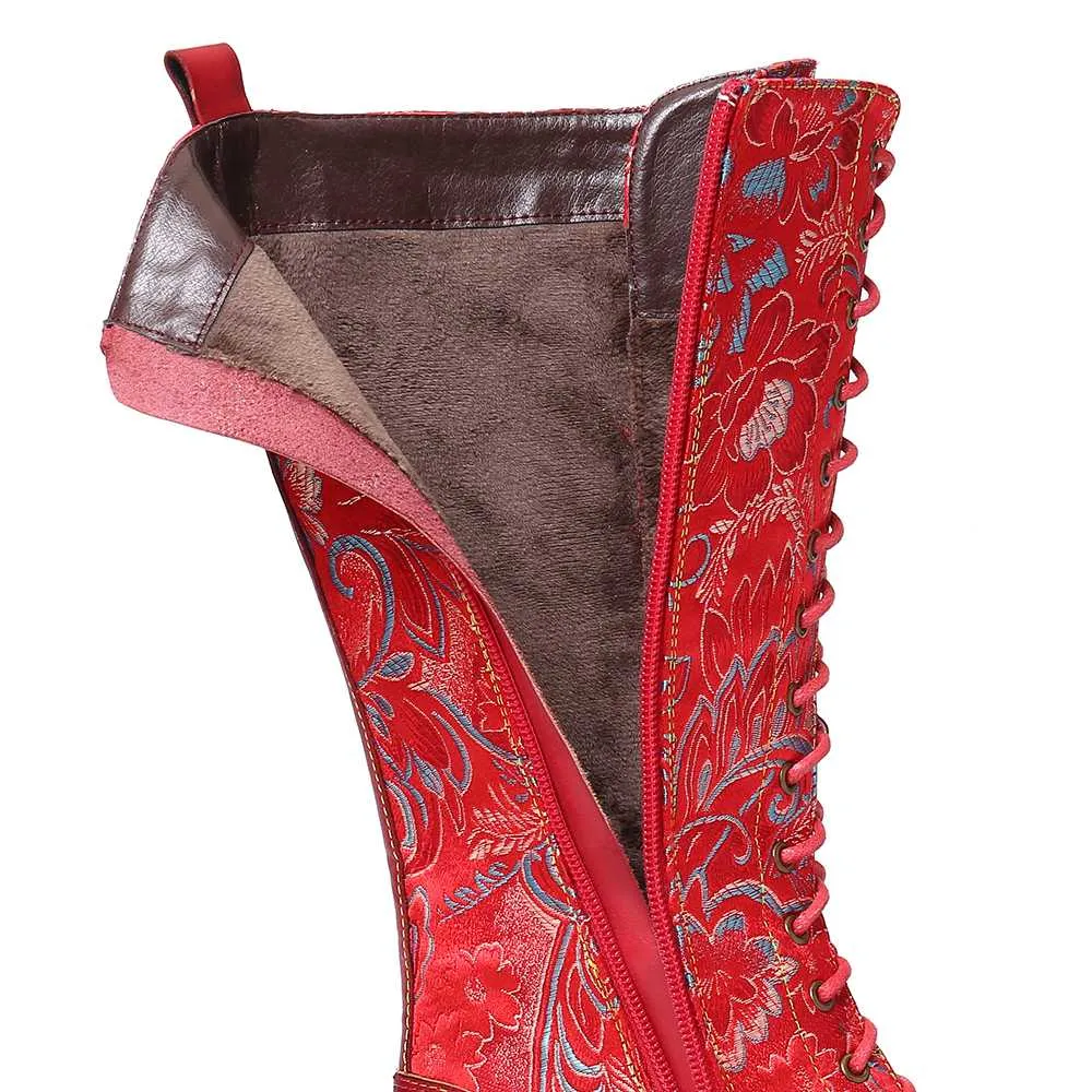 Flowers Pattern Colorful Stitching Elegant Zipper Lace Up Flat Mid Calf Boots Elegant Shoes Women Shoes Botas  Mujer