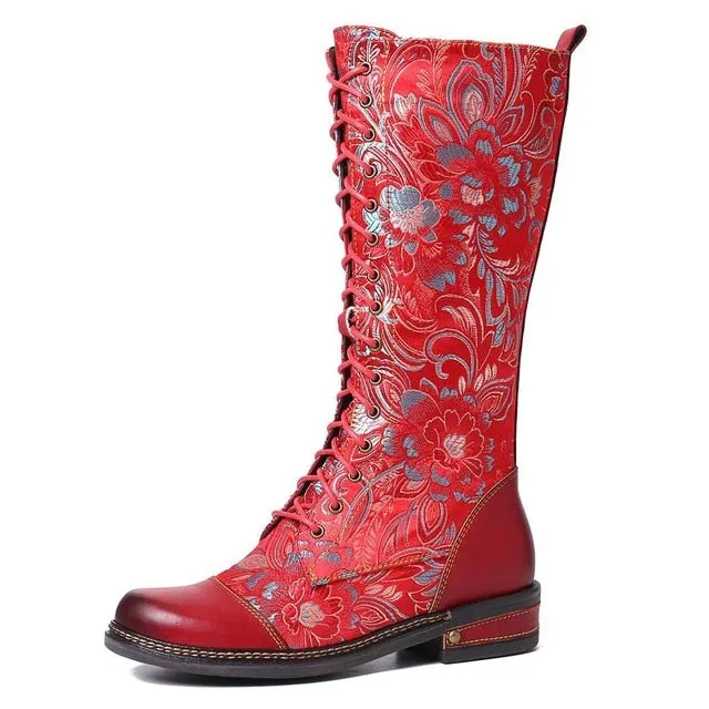 Flowers Pattern Colorful Stitching Elegant Zipper Lace Up Flat Mid Calf Boots Elegant Shoes Women Shoes Botas  Mujer