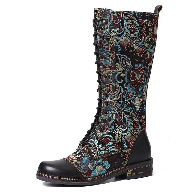 Flowers Pattern Colorful Stitching Elegant Zipper Lace Up Flat Mid Calf Boots Elegant Shoes Women Shoes Botas  Mujer